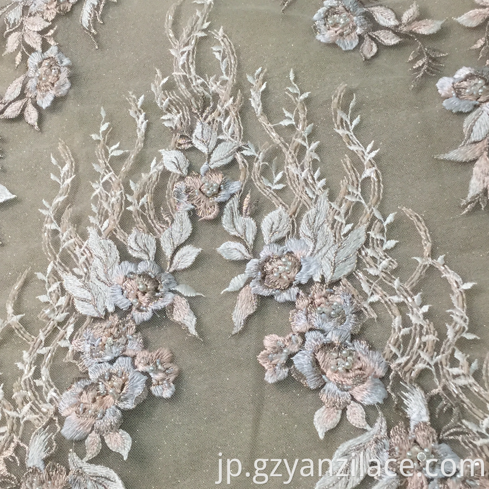 Classical Light Blue Handwork Beaded Embroidery Fabric